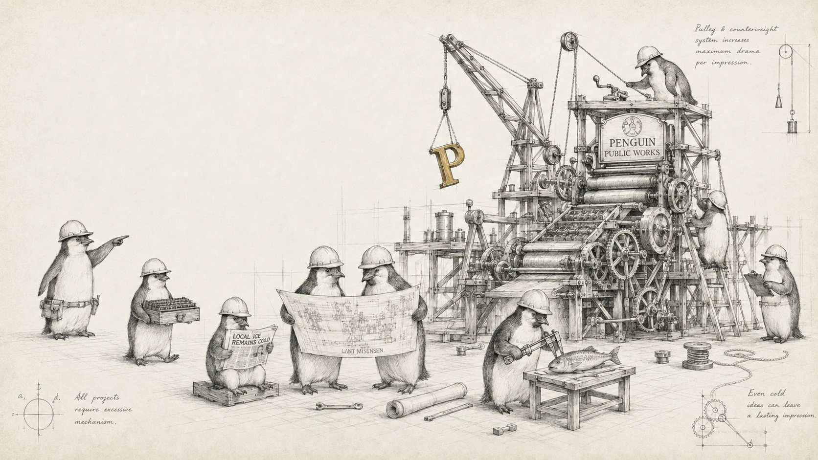 Penguins in hard hats construct an elaborate old-fashioned printing press in the style of a Renaissance engineering notebook.